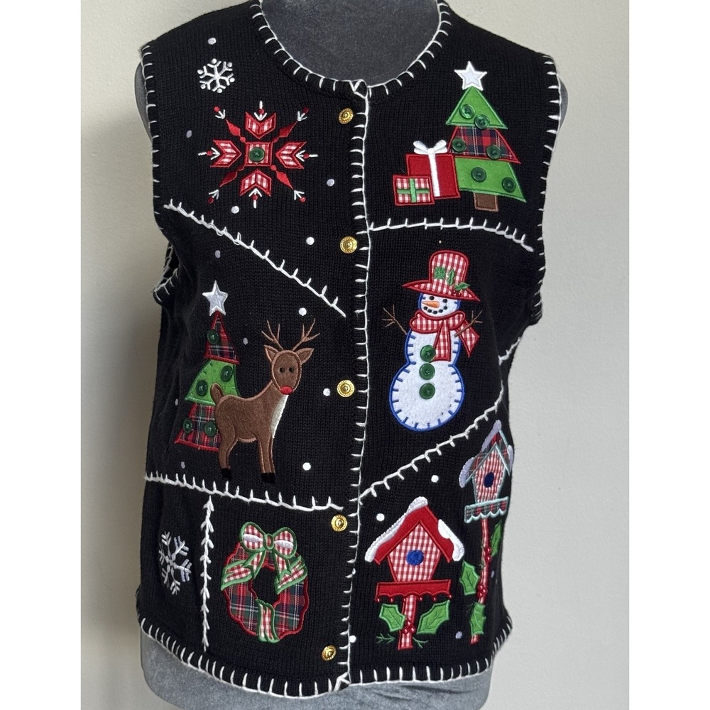 Vtg Crystal Kobe Petite Large Christmas‎ Holiday Sweater Vest Buttons Classic